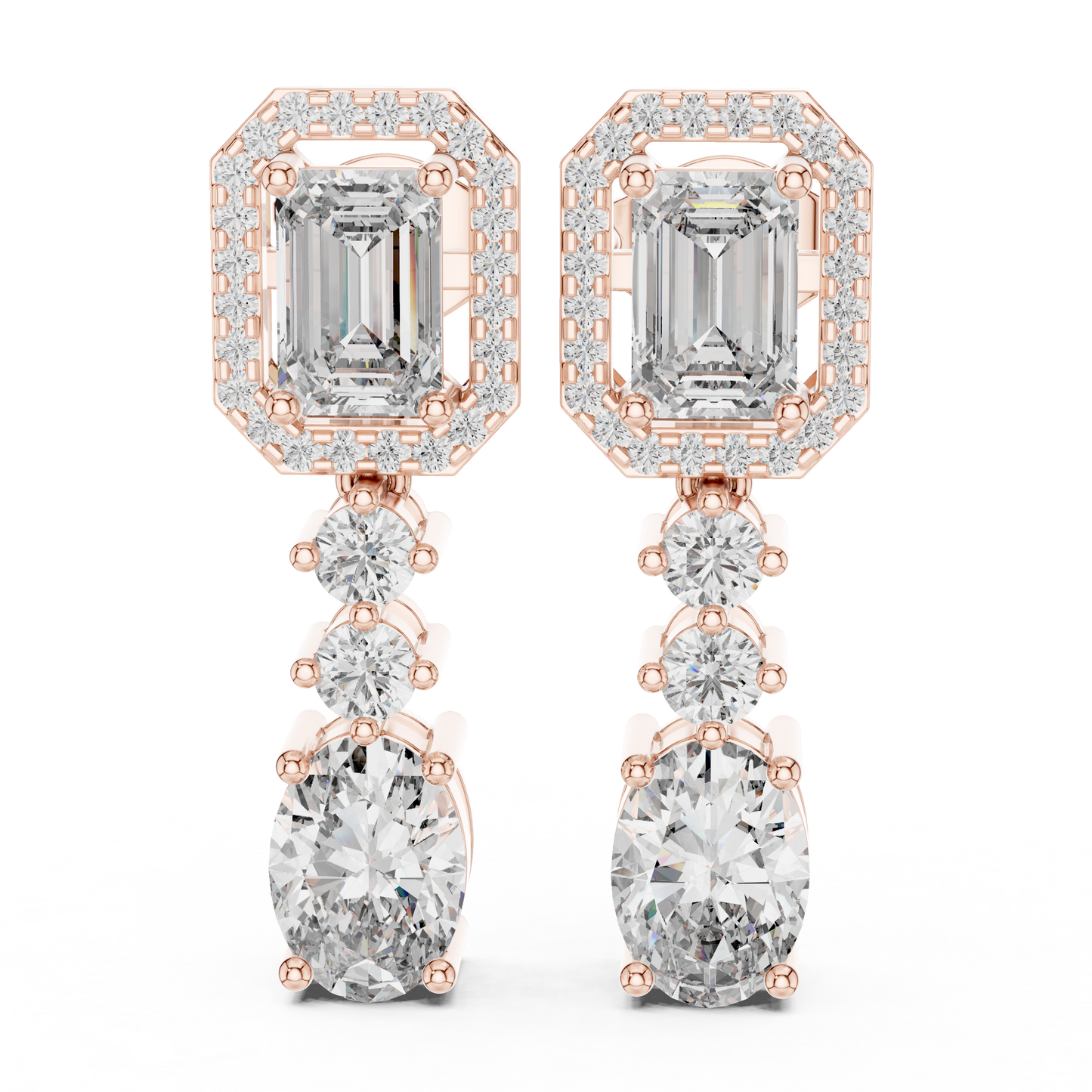 Vrindaa Emerald Cut Moissanite Halo Drop Earrings