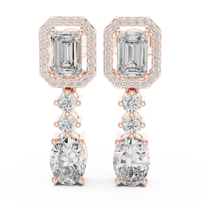 Vrindaa Emerald Cut Moissanite Halo Drop Earrings