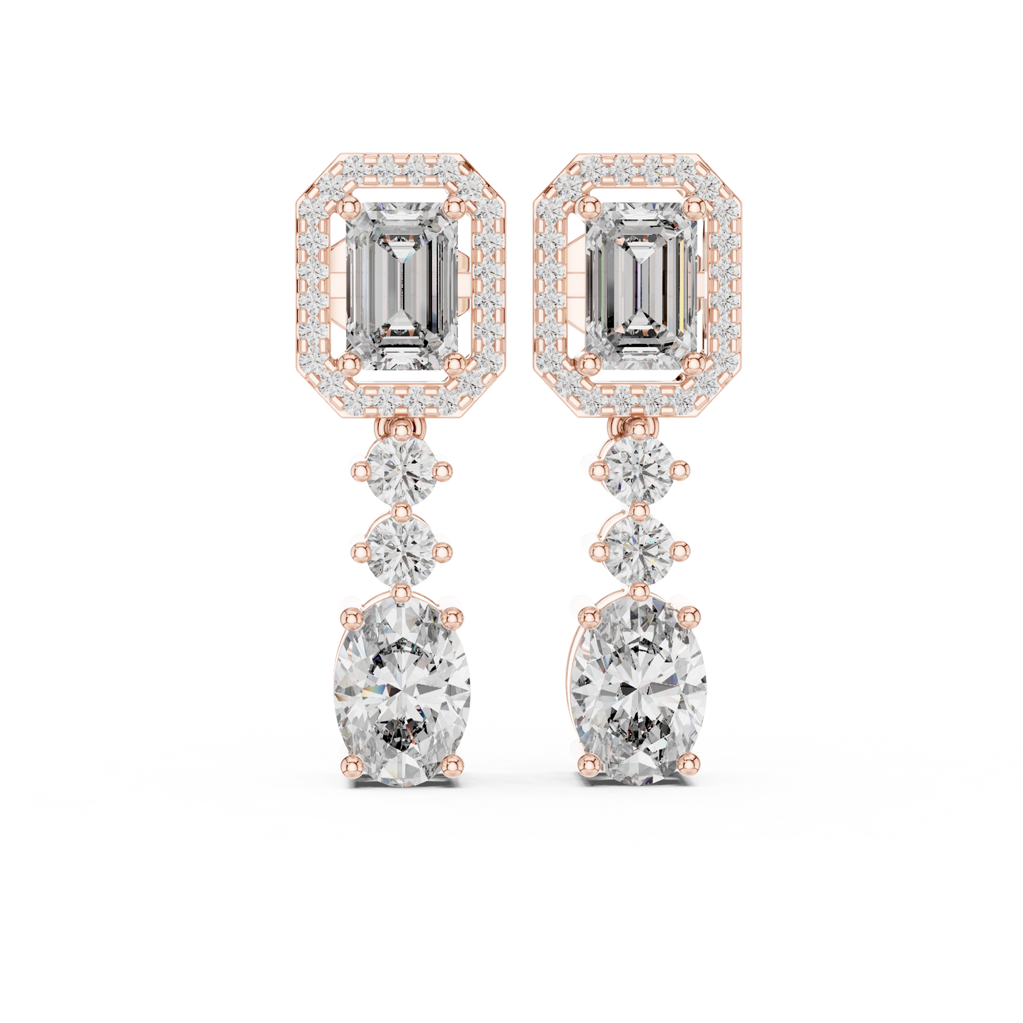 Vrindaa Emerald Cut Moissanite Halo Drop Earrings