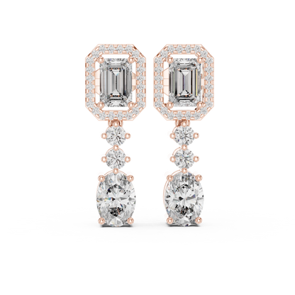 Vrindaa Emerald Cut Moissanite Halo Drop Earrings