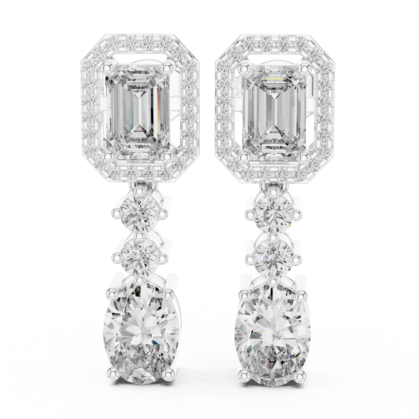 Vrindaa Emerald Cut Moissanite Halo Drop Earrings