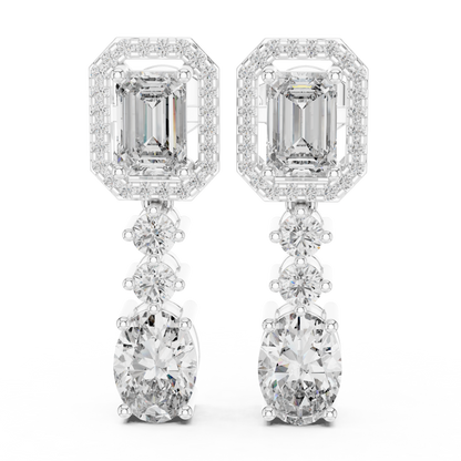 Vrindaa Emerald Cut Moissanite Halo Drop Earrings