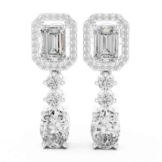 Vrindaa Emerald Cut Moissanite Halo Drop Earrings
