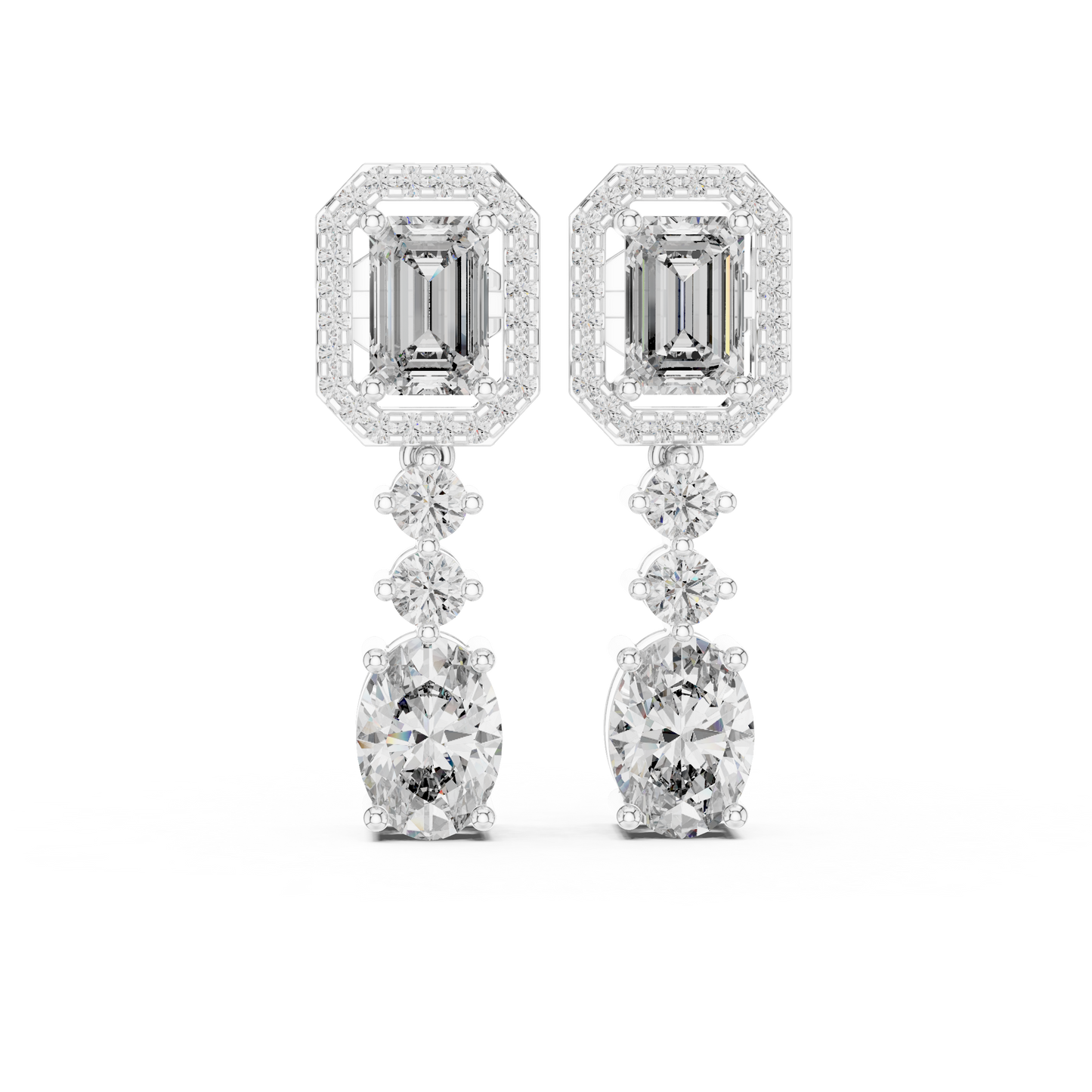 Vrindaa Emerald Cut Moissanite Halo Drop Earrings