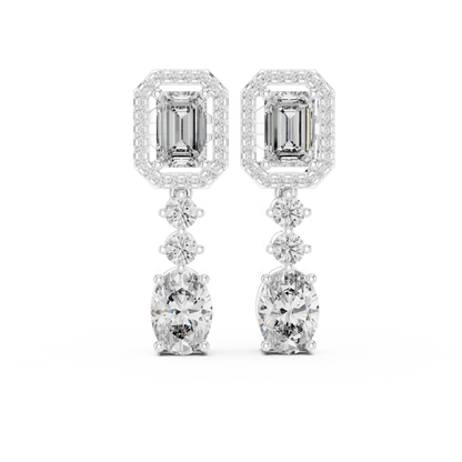 Vrindaa Emerald Cut Moissanite Halo Drop Earrings