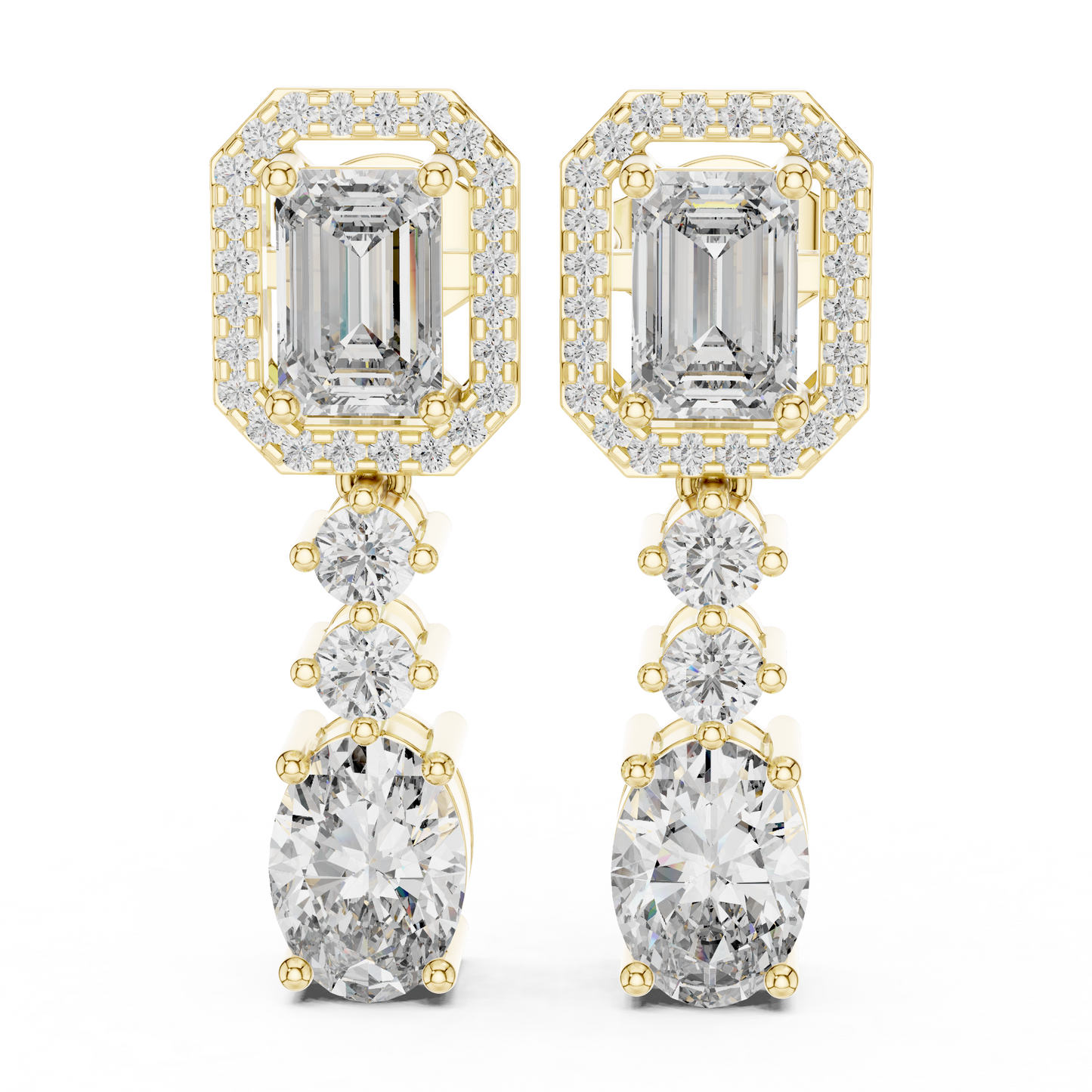Vrindaa Emerald Cut Moissanite Halo Drop Earrings