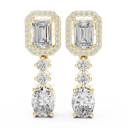 Vrindaa Emerald Cut Moissanite Halo Drop Earrings