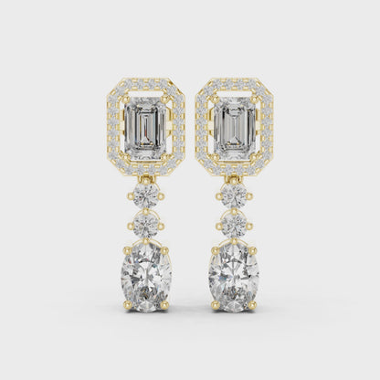 Vrindaa Emerald Cut Moissanite Halo Drop Earrings