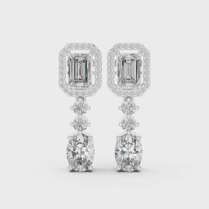Vrindaa Emerald Cut Moissanite Halo Drop Earrings