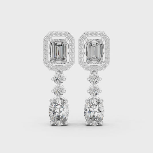 Vrindaa Emerald Cut Moissanite Halo Drop Earrings